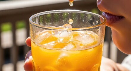 Refreshing Orange Drink with Ice, Droplet, and Person Enjoying a Beverage