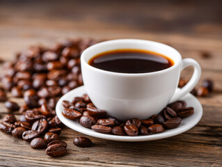 Fototapeta premium White ceramic cup filled with fresh black coffee surrounded by roasted coffee beans on a rustic wooden table, evoking warmth and rich aroma for morning brew