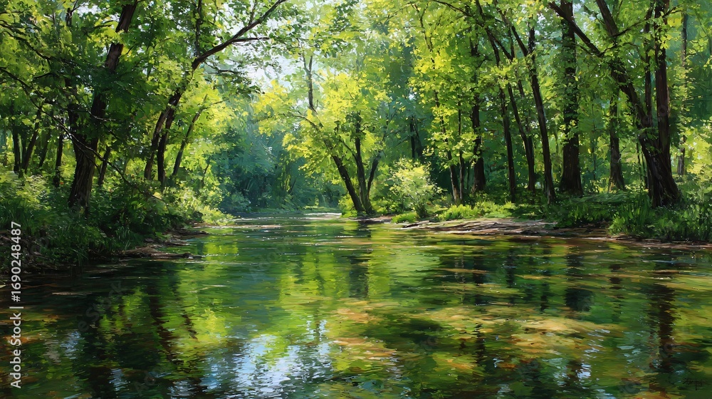 Poster sunlight streams through trees above the river, creating dappled reflections in the water's surface.