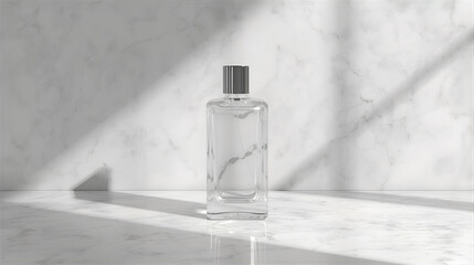 Luxurious clear glass perfume bottle on a sunlit marble surface, showcasing elegant shadows and minimalist beauty for cosmetic branding