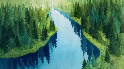 Serene watercolor landscape featuring a winding river surrounded by lush green trees and foliage.
