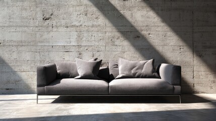 A contemporary living room with a minimalist gray sofa and clean, spacious design.