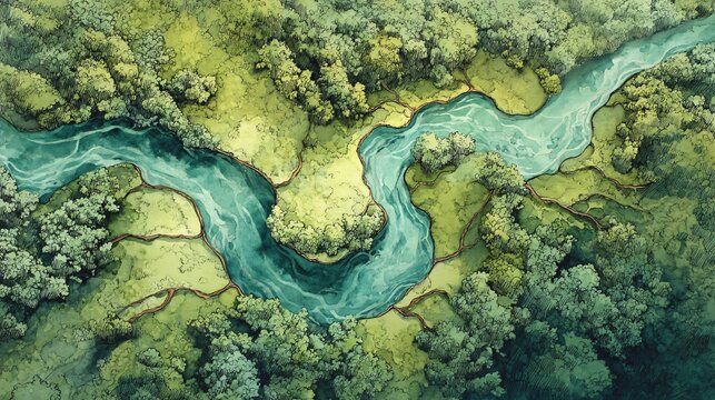 Watercolor aerial view displays winding river meanders through the green, dense forest canopy.