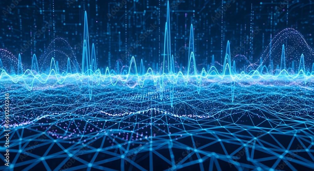 Poster dive into digital data visualization with vibrant blue waveforms and network connections for a moder