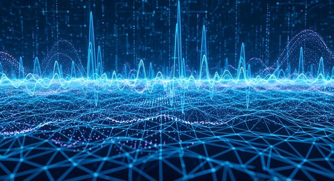 Dive into digital data visualization with vibrant blue waveforms and network connections for a modern tech feel, ideal for innovation concepts
