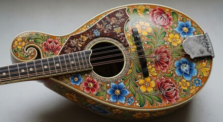 Intricate Floral Painted Mandolin: Detailed Close-Up of a Unique Musical Instrument