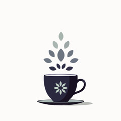 A vector illustration features a dark teacup with a subtle floral pattern, and abstract leaves rising, symbolizing a soothing natural herbal infusion.