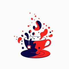 A vibrant abstract illustration of a teacup with a tea bag, featuring dynamic red and blue liquid splashes, symbolizing energy and refreshing flavor.