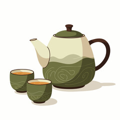 An elegant illustration of a traditional ceramic teapot and two matching teacups filled with warm, aromatic tea, evoking a serene beverage experience.