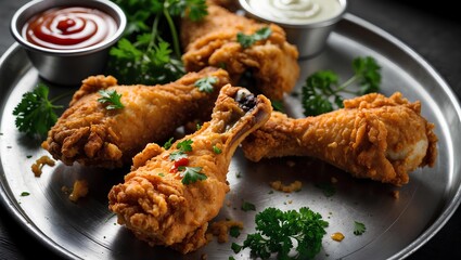 Close up of Golden brown fried chicken drumsticks