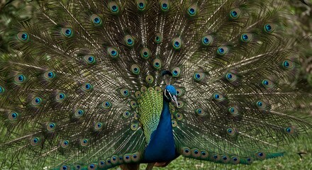 Obraz premium Majestic Peacock Showcasing Vibrant Feathers in Natural Habitat.