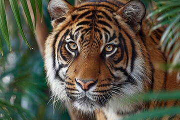 Fototapeta premium Tiger Staring Through Jungle Foliage