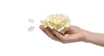 Jasmine Flower Petals in Palm Isolated on White