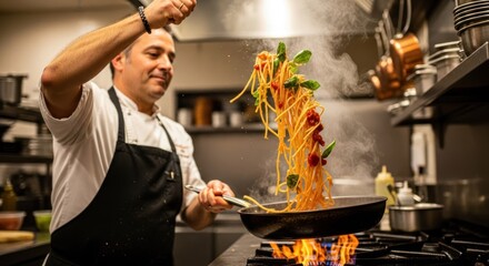 A chef in a kitchen, cooking pasta with vegetables and tomatoes.