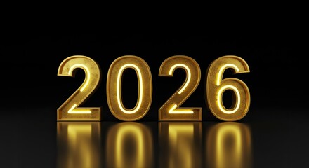 Luxurious 3D Render of Golden 2026 Year with Neon Glow, Black Background.