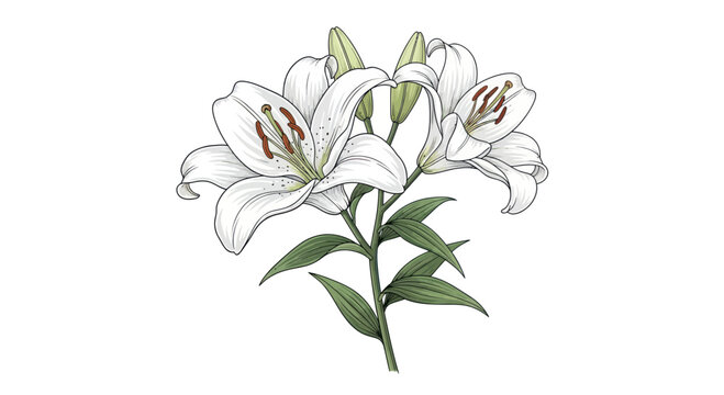 Hand-drawn botanical illustration of a beautiful white lily flower stem with open blossoms and buds.