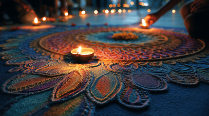 Deepavali Sri Lanka night, close-up of intricate rangoli with vibrant powders and oil lamps