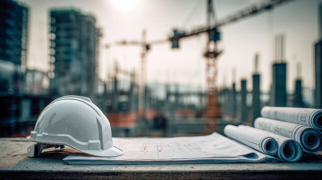 White protective helmet and rolled architectural plans resting on construction site table with blurred cranes and structural framework in the background during early morn