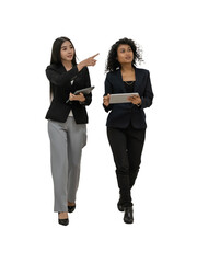 Two Professional Women Walking and Discussing in a Modern Office