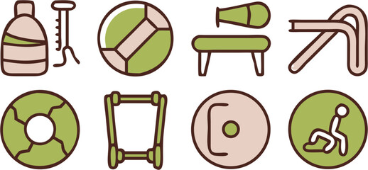 Cohesive outline vector icon set featuring essential fitness equipment, sports accessories, and various workout activities for health and active lifestyle design