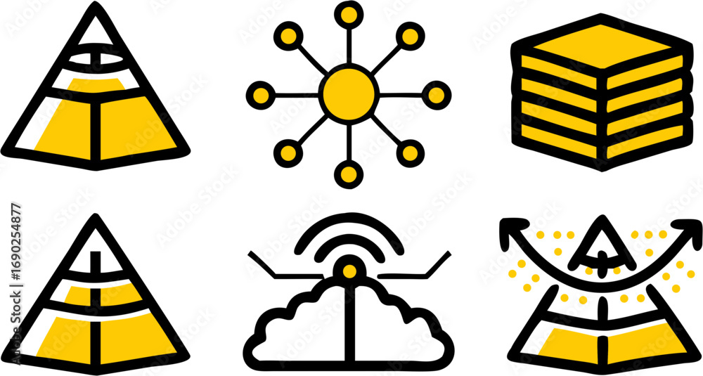 Wall mural set of abstract yellow geometric icons representing concepts like pyramid structure network hub laye