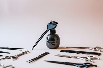 Flat lay Minimal composition with black hair salon tools on pastel background.