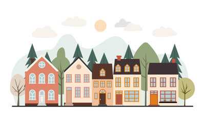 Colorful Townhouses Vector Illustration – Suburban Residential Houses with Trees in Flat Design