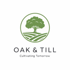 The Oak & Till logo features a green tree inside a circle, with fields below and text.