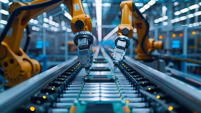 POV of industrial robots assembling circuit boards with precise speed. Automated factory line with sleek arms, LED lights, and futuristic high-tech machinery.