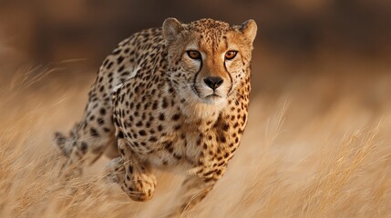 Cheetah Running Across Grassy Plain in Mid-Stride with Blurred Background