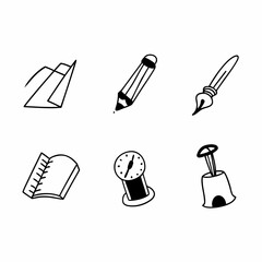 Obraz premium Illustration of paper, pencil, pen, notebook, timer and bell