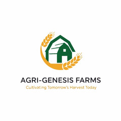 Logo for Agri-Genesis Farms with wheat and a green barn.