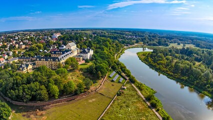 Aerial panoramic view of the scenic town of Drohiczyn and the Bug River bend