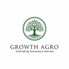 Growth Agro logo: A green tree with roots in a circle, symbolizing growth and harvest.