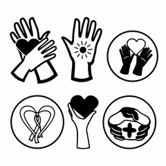 Illustration of charity and donation icons in black and white