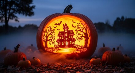 Large pumpkin carved with a haunted house scene amidst leaves and fog at dusk surrounded by smaller pumpkins