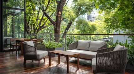 A serene outdoor patio with minimalist furniture, evoking tranquility amidst lush greenery.