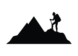 Silhouette of a hiker reaching the summit of a mountain peak with a backpack and trekking pole