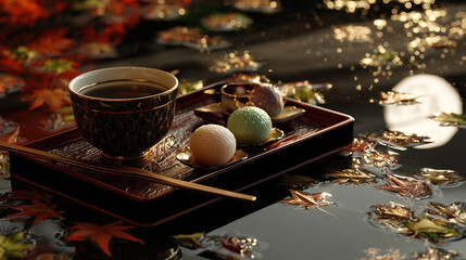 Tsukimi Moon Viewing Festival, close-up of lacquer tray with tsukimi dango and tea, moonlight reflecting on pond