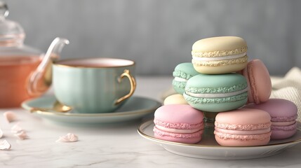 Obraz premium Pastel Macarons and Tea: Elegant Afternoon Tea Scene, Delicious Pastry, Gourmet Dessert, Teacup, Sweet Treat, Bakery, Culinary Photography