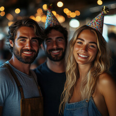 Obraz premium Man and woman smiling in party hats.