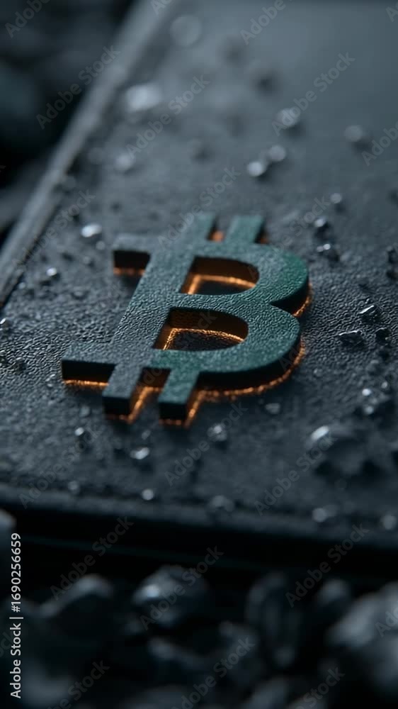 Poster exploring the intricate details of bitcoin symbol on a wet surface in a dark environment