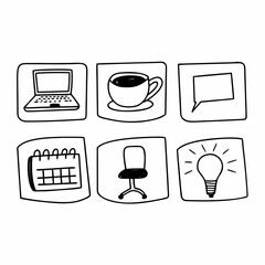 Office icons set hand drawn doodle style vector illustration of workplace elements
