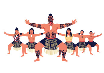 Mori group performs a traditional haka dance, conveying powerful cultural performance suitable for websites, presentations, or promotion related to culture.