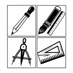 Illustration of drafting and drawing tools, including a pencil, ruler, compass, and brush
