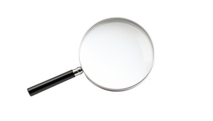 Realistic magnifying glass with clear transparent lens and black handle for searching, reading, discovery, isolated on white background