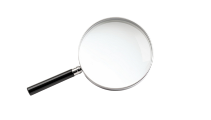 Realistic magnifying glass with clear transparent lens and black handle for searching, reading, discovery, isolated on white background