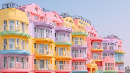 Fototapeta premium Multicolored apartment building with curved balconies.