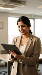 Indian woman working on tablet and posing outdoors