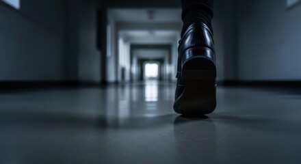 Sole of a Shoe Walking Down a Dark, Empty Hallway